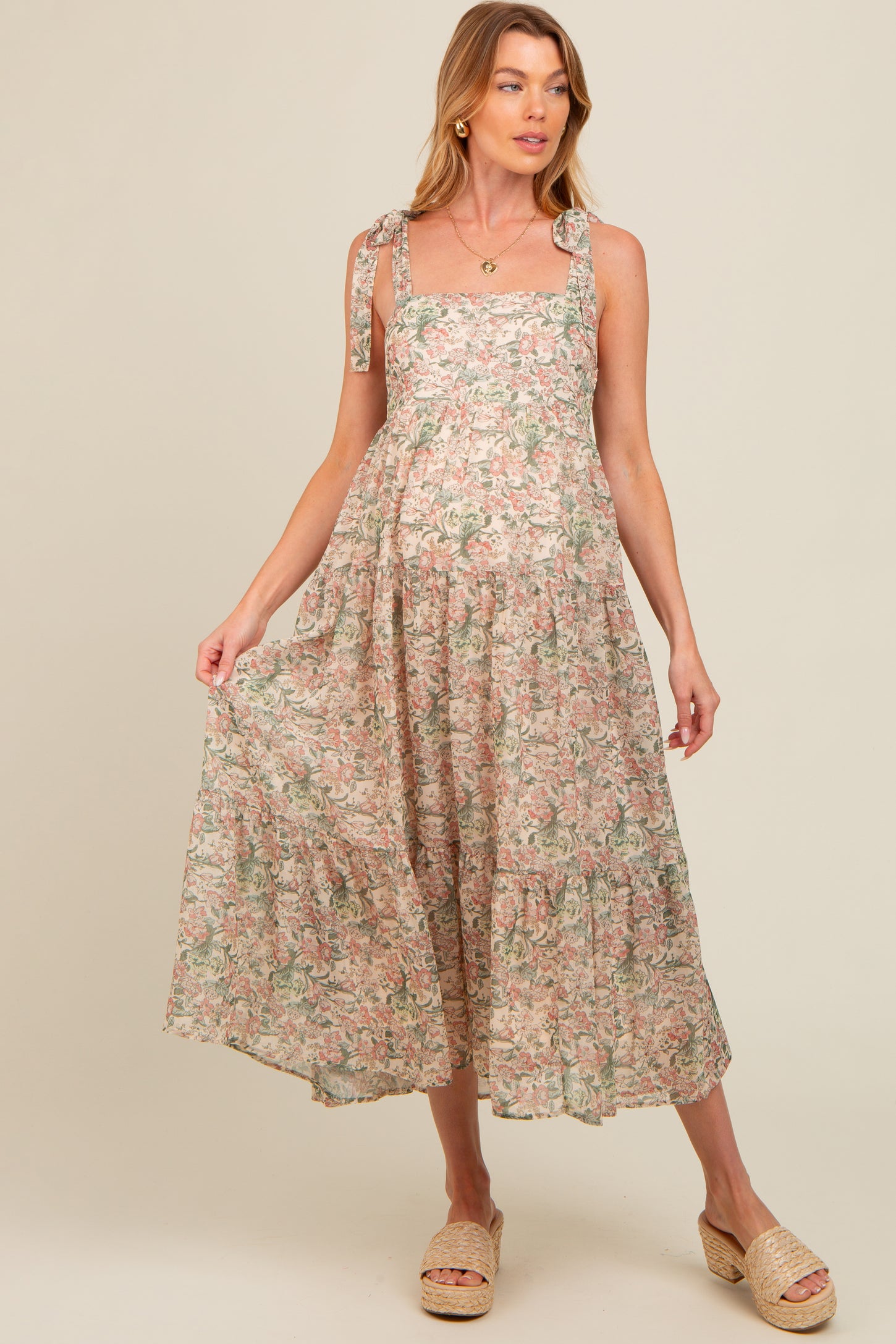 Cream Floral Shoulder Tie Tiered Maternity Maxi Dress Cream Floral Shoulder Tie Tiered Maternity Maxi Dress