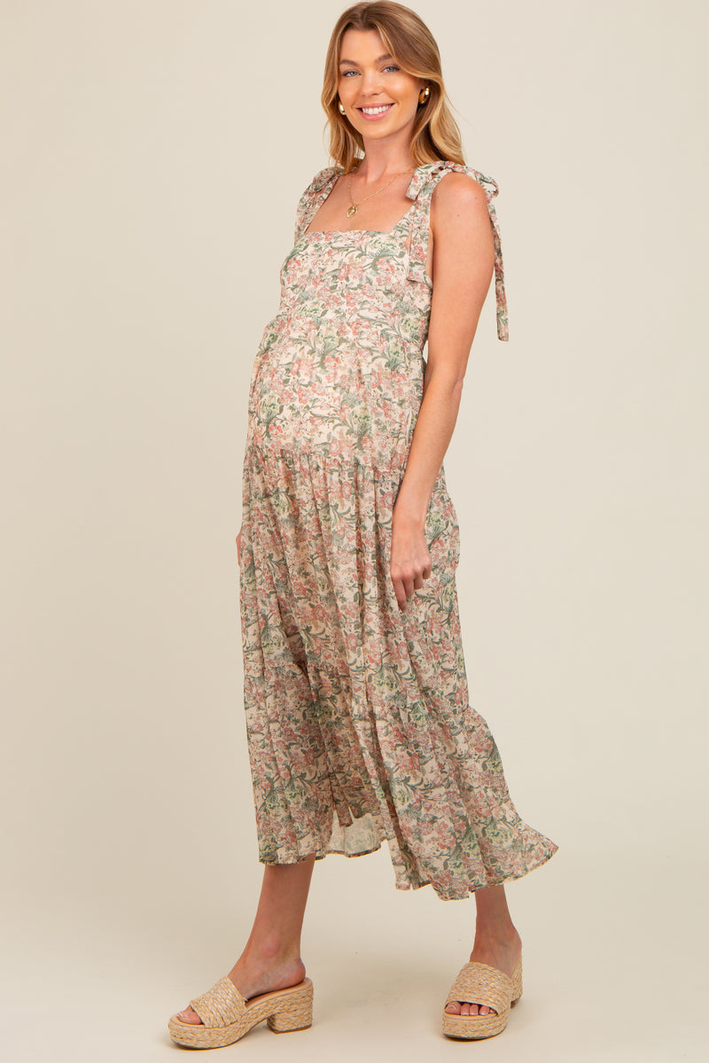 cream off shoulder ruffle tiered maternity maxi dress Cream Floral Shoulder Tie Tiered Maternity Maxi Dress