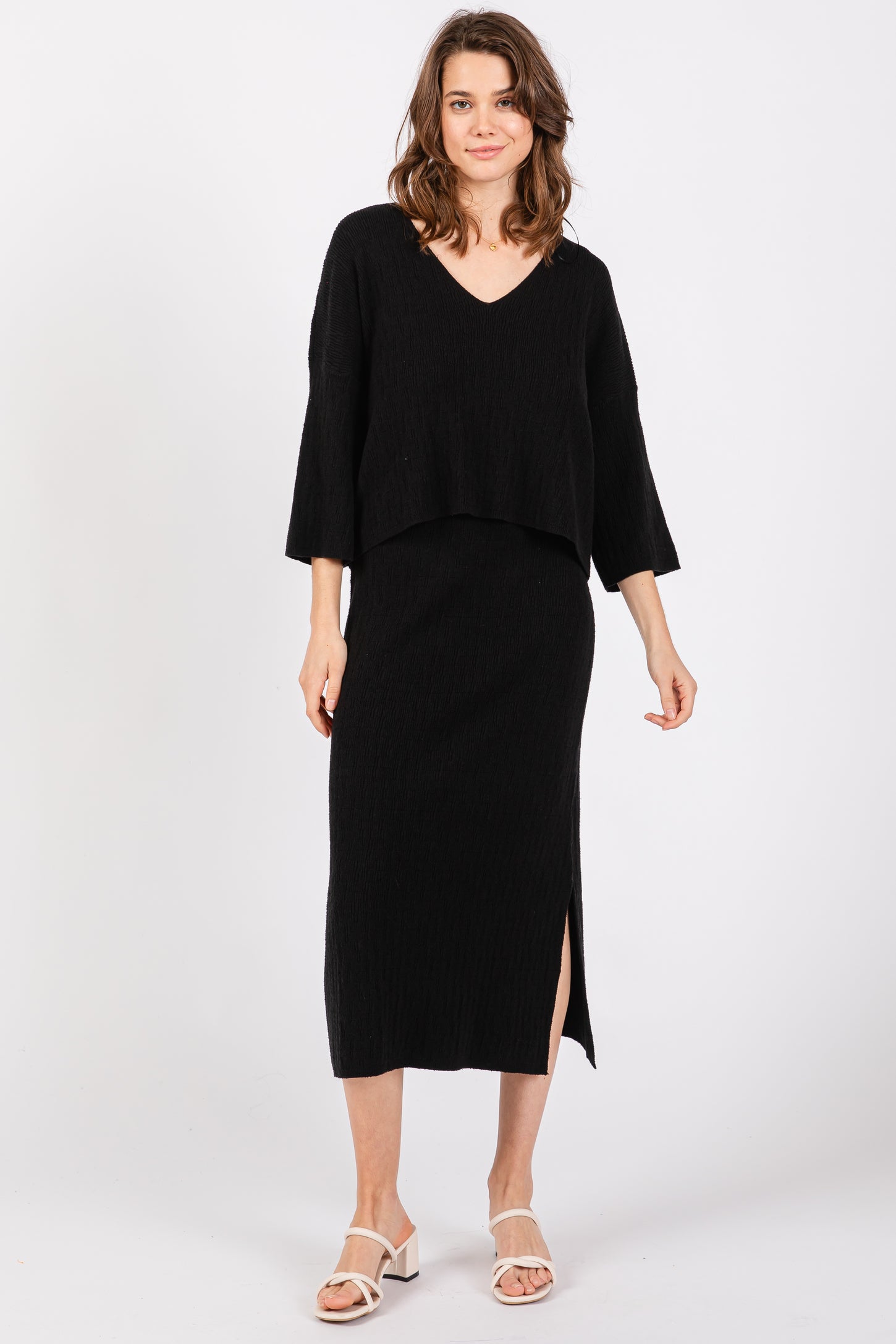 Black V-Neck Knit Skirt Set