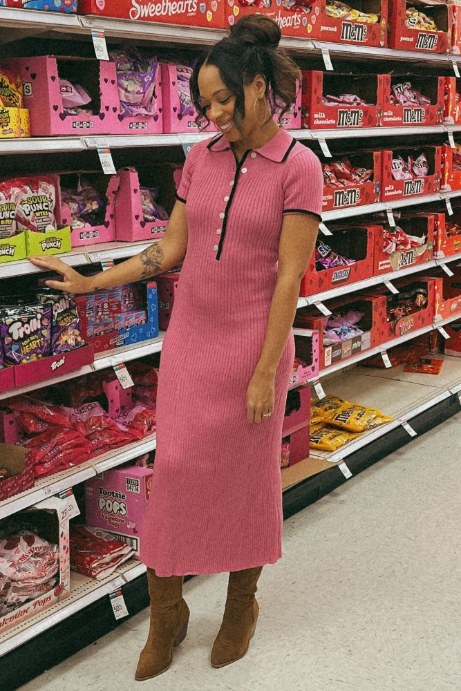 Pink Ribbed Knit Collared Button Front Dress PinkBlush Pink Ribbed Knit Collared Button Front Dress PinkBlush