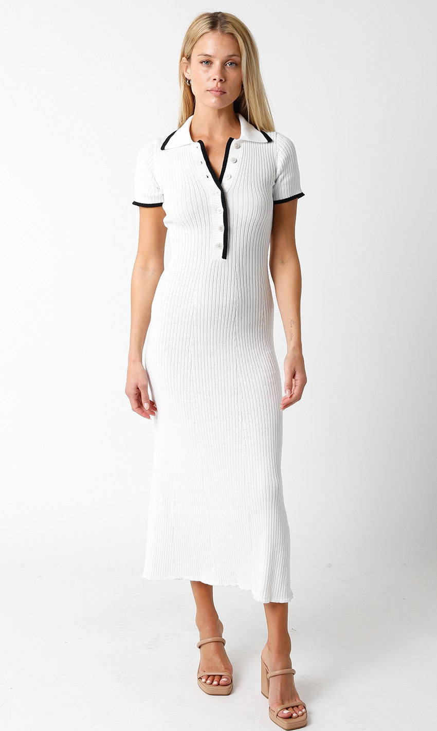 White Ribbed Knit Collared Button Front Maternity Dress