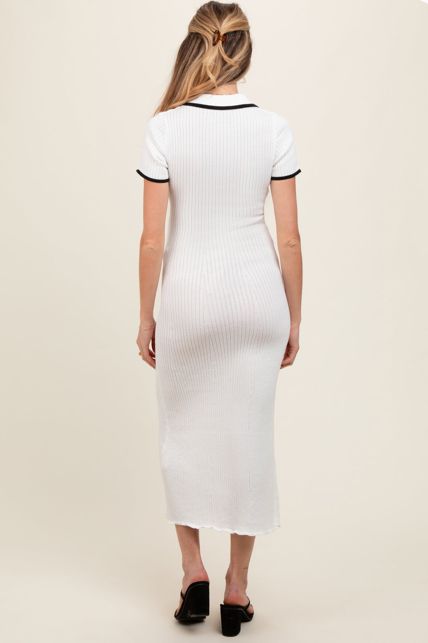 White Ribbed Knit Collared Button Front Maternity Dress
