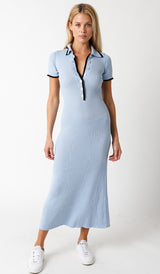 Light Blue Ribbed Knit Collared Button Front Dress