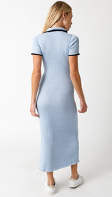 Light Blue Ribbed Knit Collared Button Front Dress
