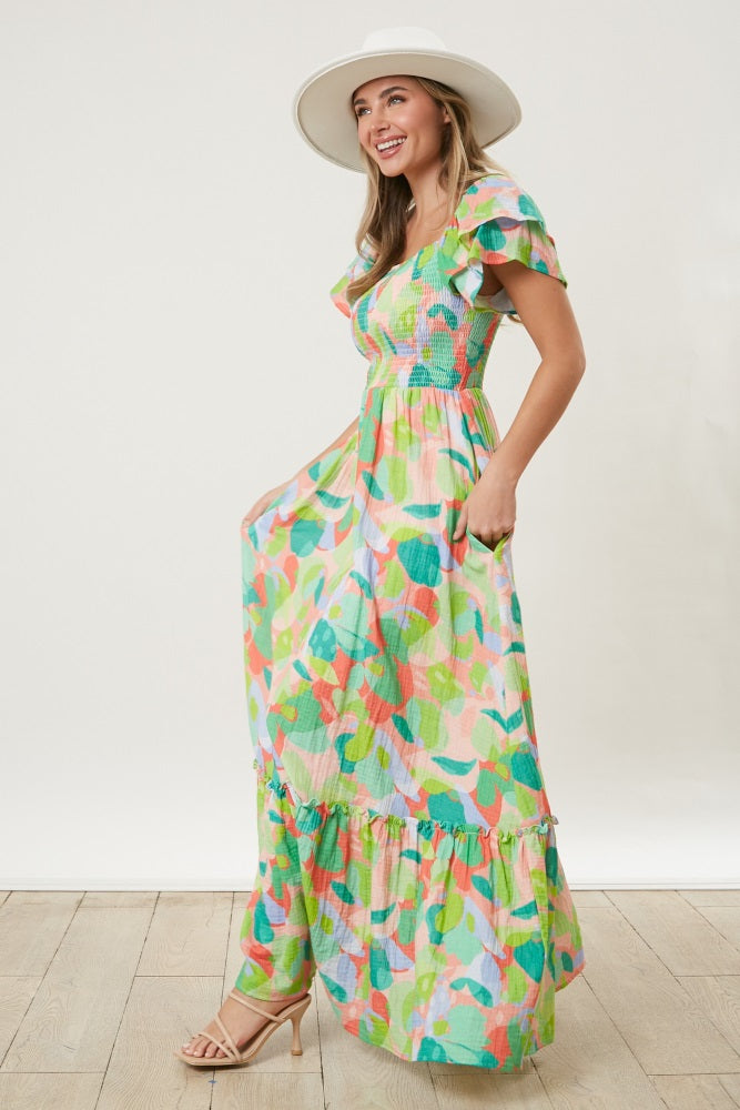 Light Coral Smocked Ruffle Sleeve Maxi Dress PinkBlush Light Coral Smocked Ruffle Sleeve Maxi Dress PinkBlush