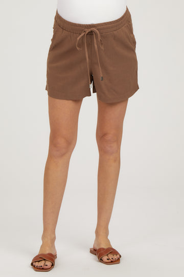 Brown Linen Drawstring Maternity Shorts