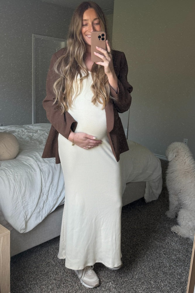 Cream Ribbed Maternity Maxi Dress