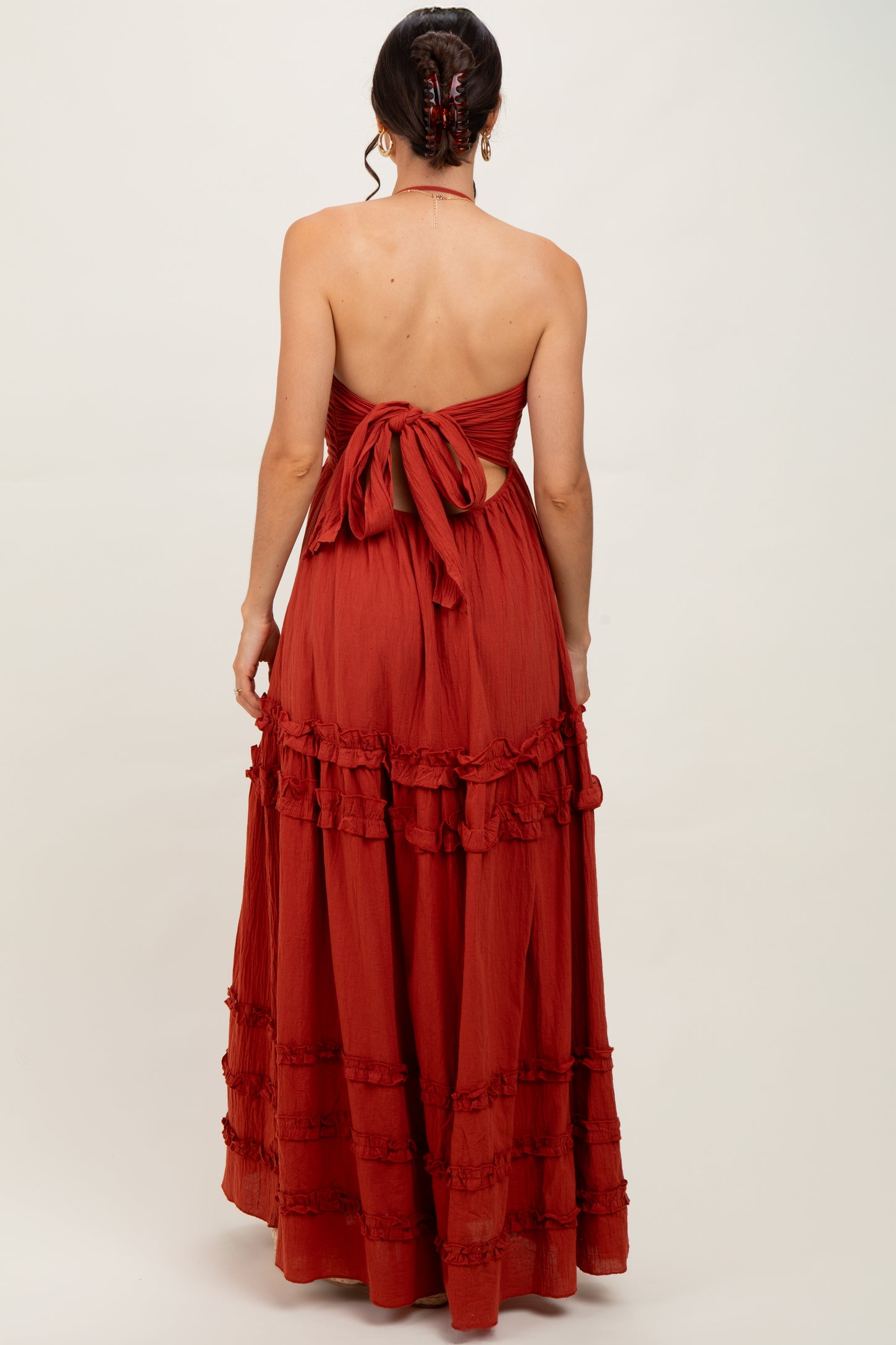 rust ruched dress TFNC long sleeve ruched split maxi dress in deep rust
