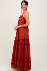 Rust Ruffle Ruched Deep V-Neck Maxi Dress