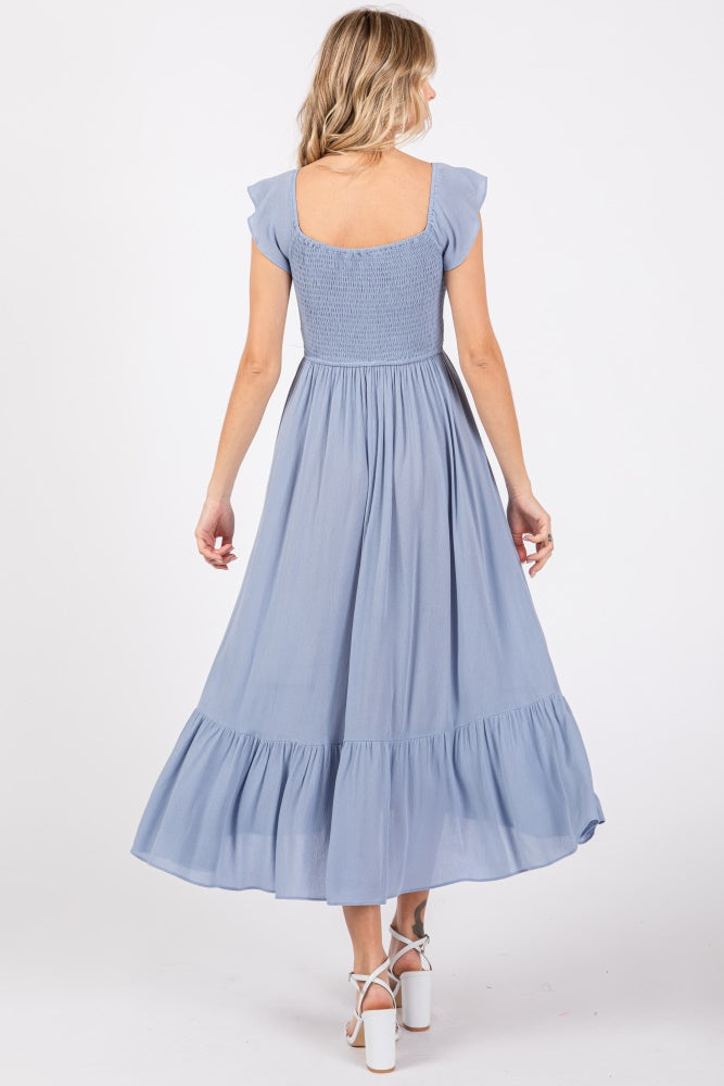 Light Blue Smocked Ruched Ruffle Hem Maxi Dress