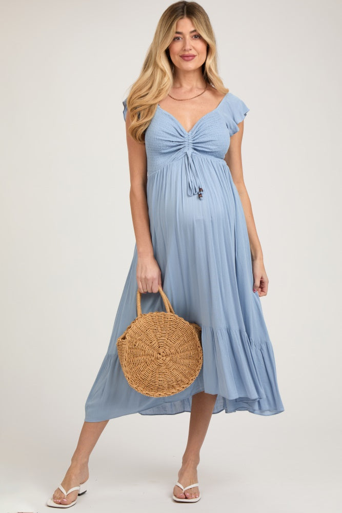 ruched ruffle dress Light Blue Smocked Ruched Ruffle Hem Maternity Maxi Dress – PinkBlush