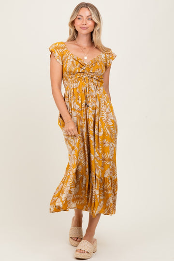Yellow Tropical Print Smocked Short Sleeve Maxi Dress
