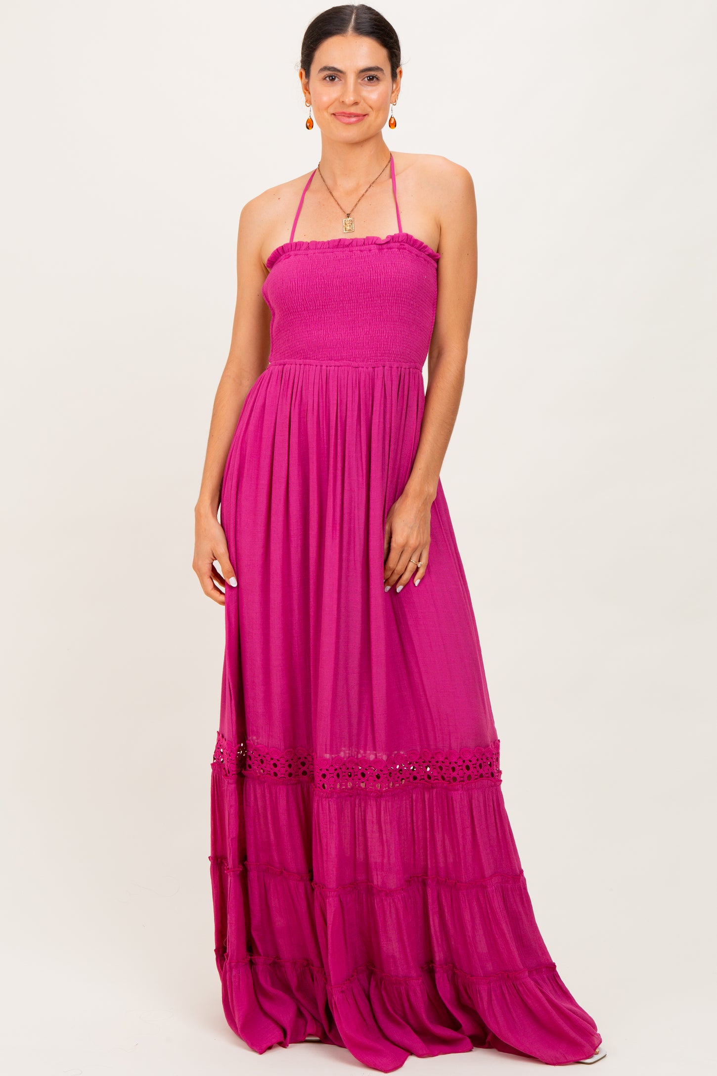 Purple Smocked Open Back Maternity Maxi Dress