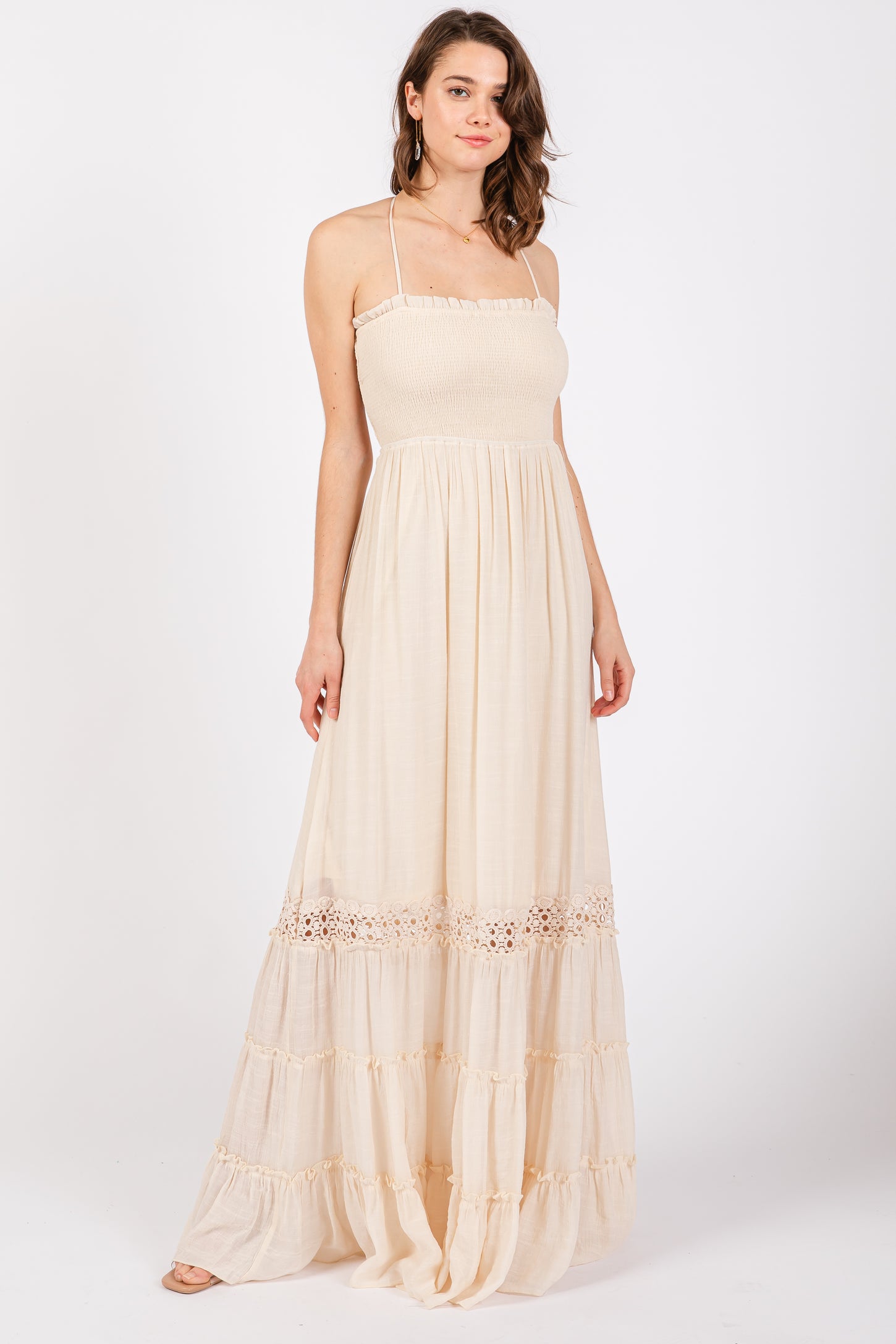 Cream Smocked Open Back Maternity Maxi Dress PinkBlush Cream Smocked Open Back Maternity Maxi Dress PinkBlush