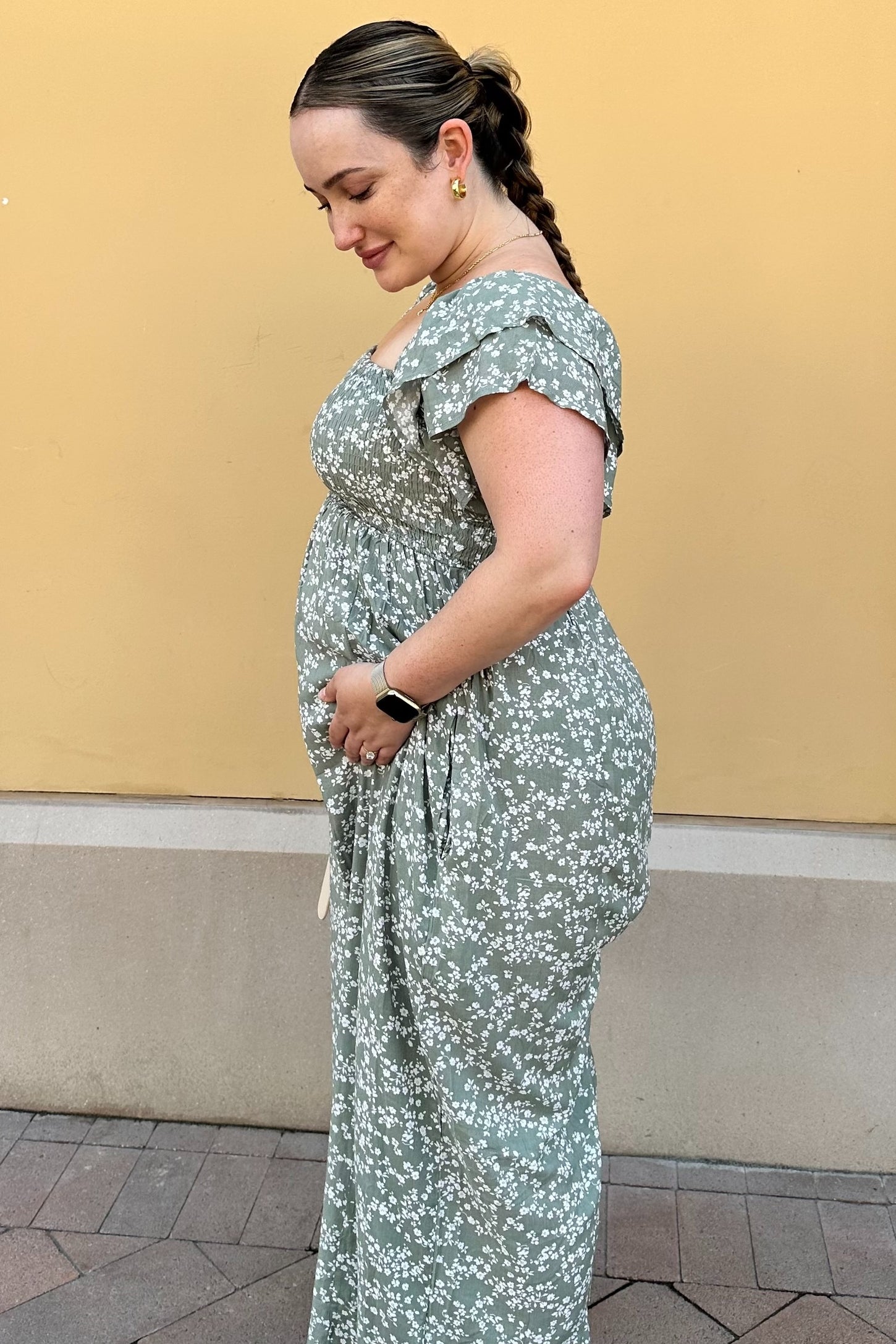 Green Floral Maternity Jumpsuit