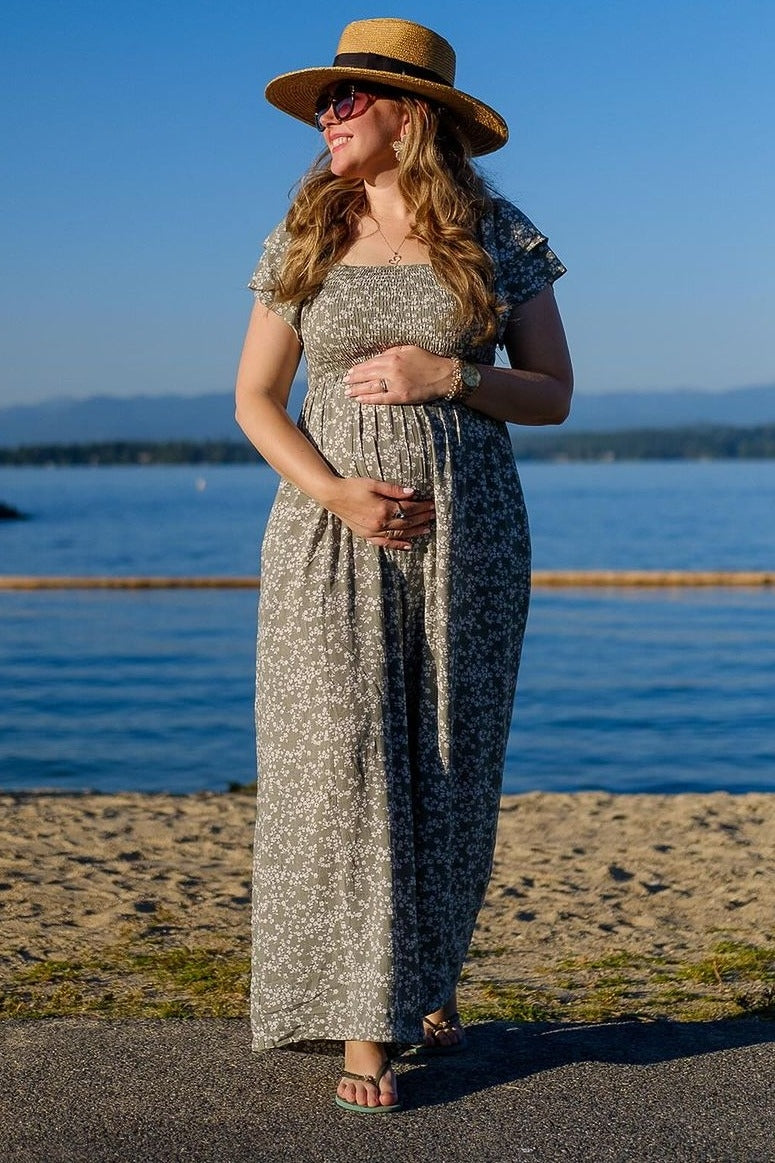 Green Floral Maternity Jumpsuit