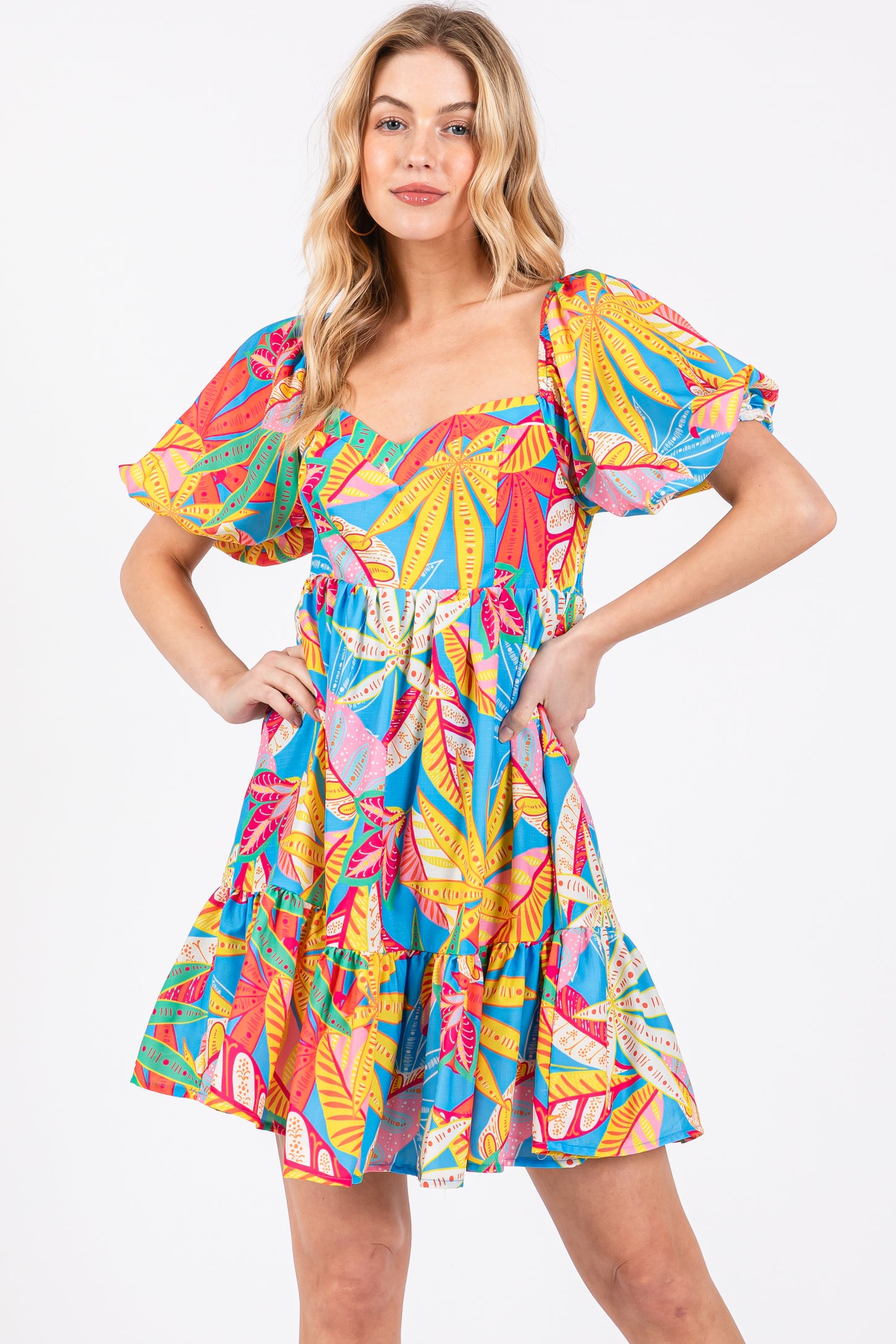 Blue Multicolor Print Puff Sleeve Maternity Dress