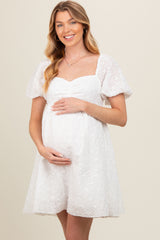 Ivory Floral Textured Puff Sleeve Maternity Dress