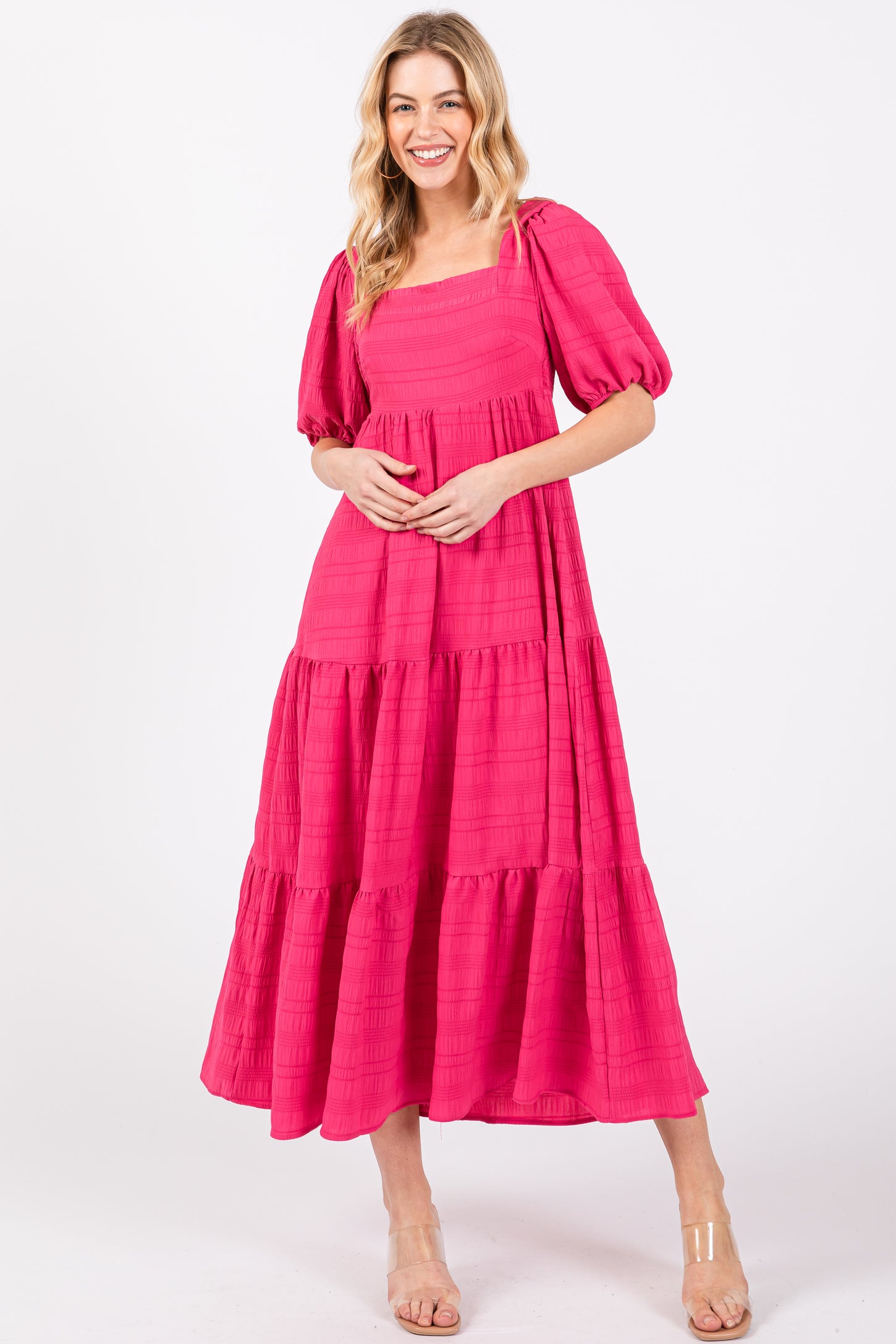 Fuchsia Textured Maternity Tiered Midi Dress PinkBlush Fuchsia Textured Maternity Tiered Midi Dress PinkBlush