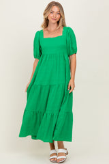 Green Textured Maternity Tiered Midi Dress