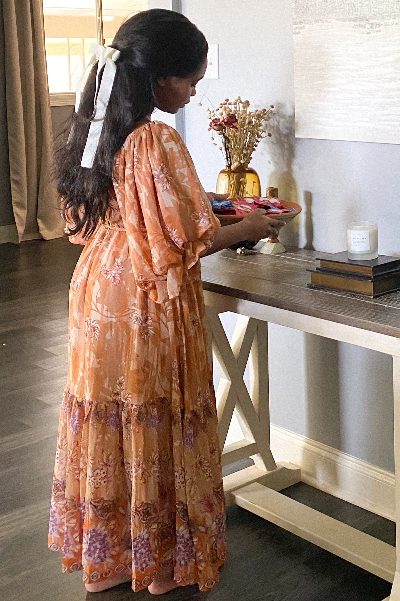 Rust Floral Puff Sleeve Tiered Midi Dress