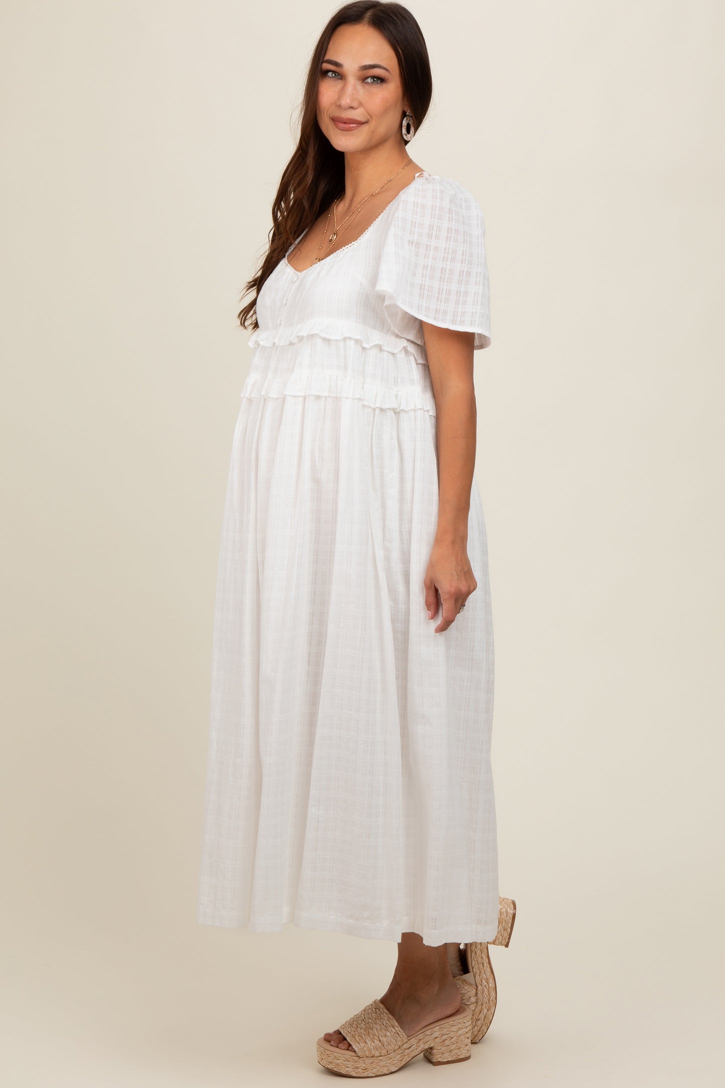 Ivory Button Front Lace Trim V-Neck Short Sleeve Maternity Midi Dress PinkBlush Ivory Button Front Lace Trim V-Neck Short Sleeve Maternity Midi Dress PinkBlush