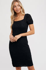 Black Crochet Square Neck Short Sleeve Dress