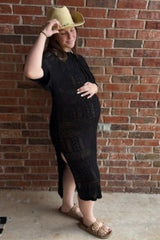 Black Open Knit Front Tie Side Slit Midi Maternity Swim Cover Up