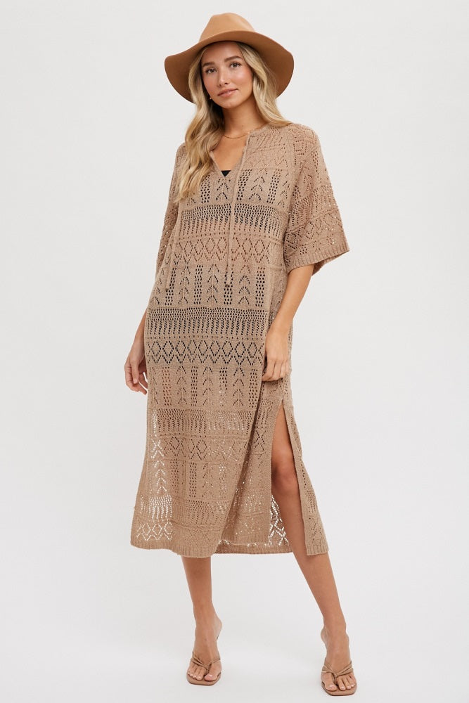 Taupe Open Knit Front Tie Side Slit Midi Swim Cover Up PinkBlush Taupe Open Knit Front Tie Side Slit Midi Swim Cover Up PinkBlush