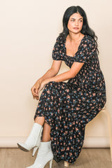 Black Floral Smocked Short Sleeve Midi Dress