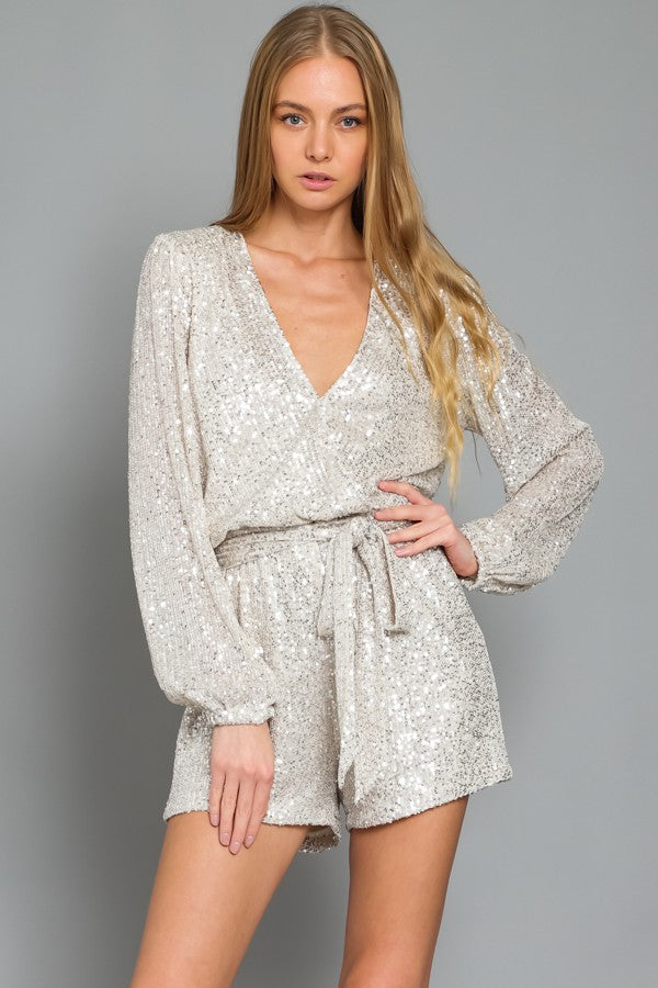 silver romper dress Miluxas Sequin Rompers for Women Clearance Long Sleeve Jumpsuits Playsuits  Sparkle Metallic Party Romper Silver 12(XXL)