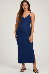 Navy Ribbed Side Slit Maternity Maxi Dress