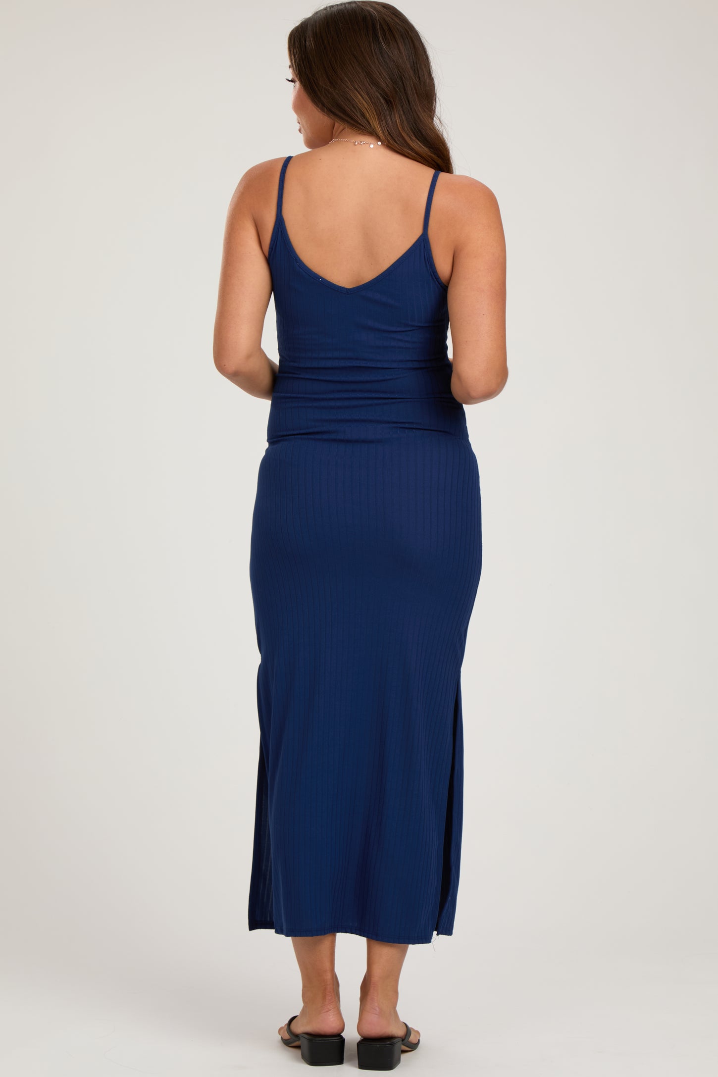 Navy Ribbed Side Slit Maternity Maxi Dress