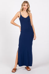 Navy Ribbed Side Slit Maternity Maxi Dress