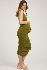 Olive Ruched V-Back Maternity Midi Dress