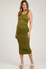 Olive Ruched V-Back Maternity Midi Dress