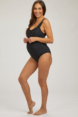 Black Ruched Scalloped Maternity One Piece Swimsuit