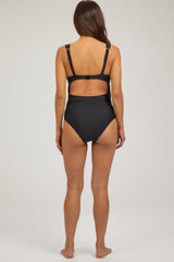Black Ruched Scalloped Maternity One Piece Swimsuit