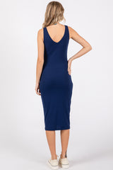Navy Blue Sleeveless Ribbed Knit Fitted Dress
