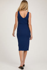 Navy Blue Sleeveless Ribbed Knit Fitted Maternity Dress