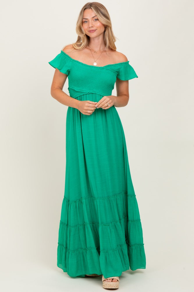 Green Smocked Crossover Off Shoulder Maxi Dress
