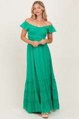 Green Smocked Crossover Off Shoulder Maxi Dress