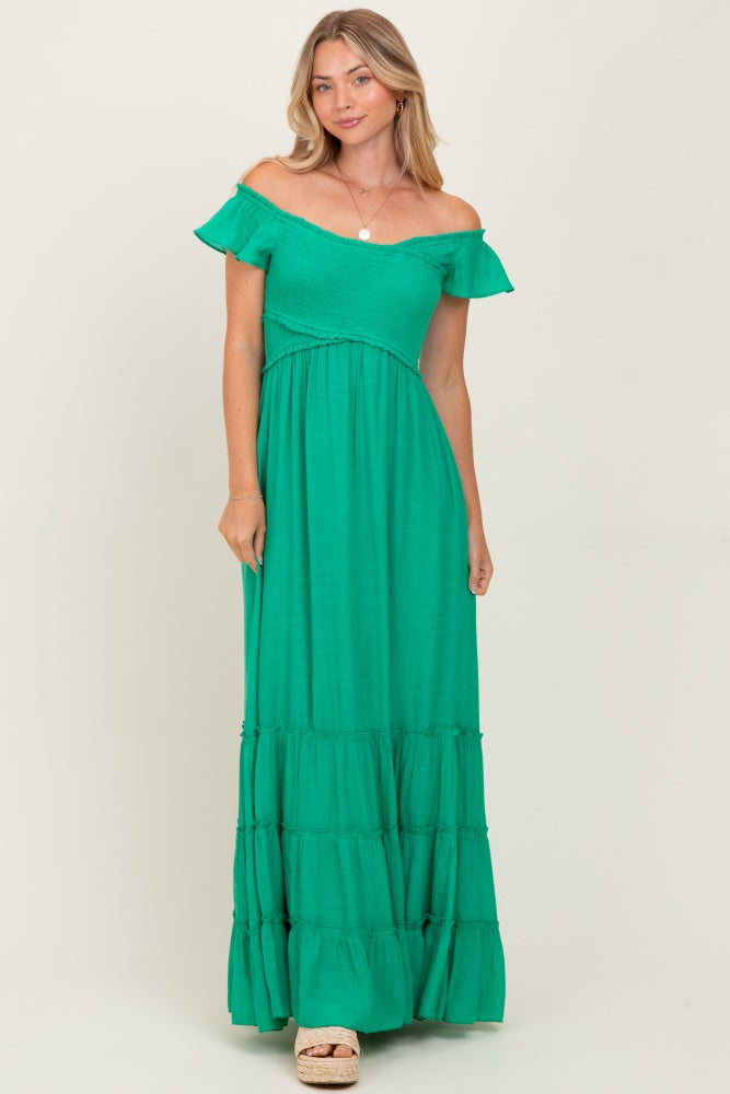 Green Smocked Crossover Off Shoulder Maxi Dress