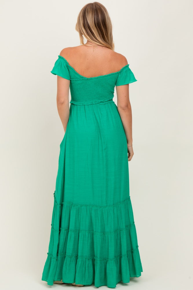 Green Smocked Crossover Off Shoulder Maxi Dress