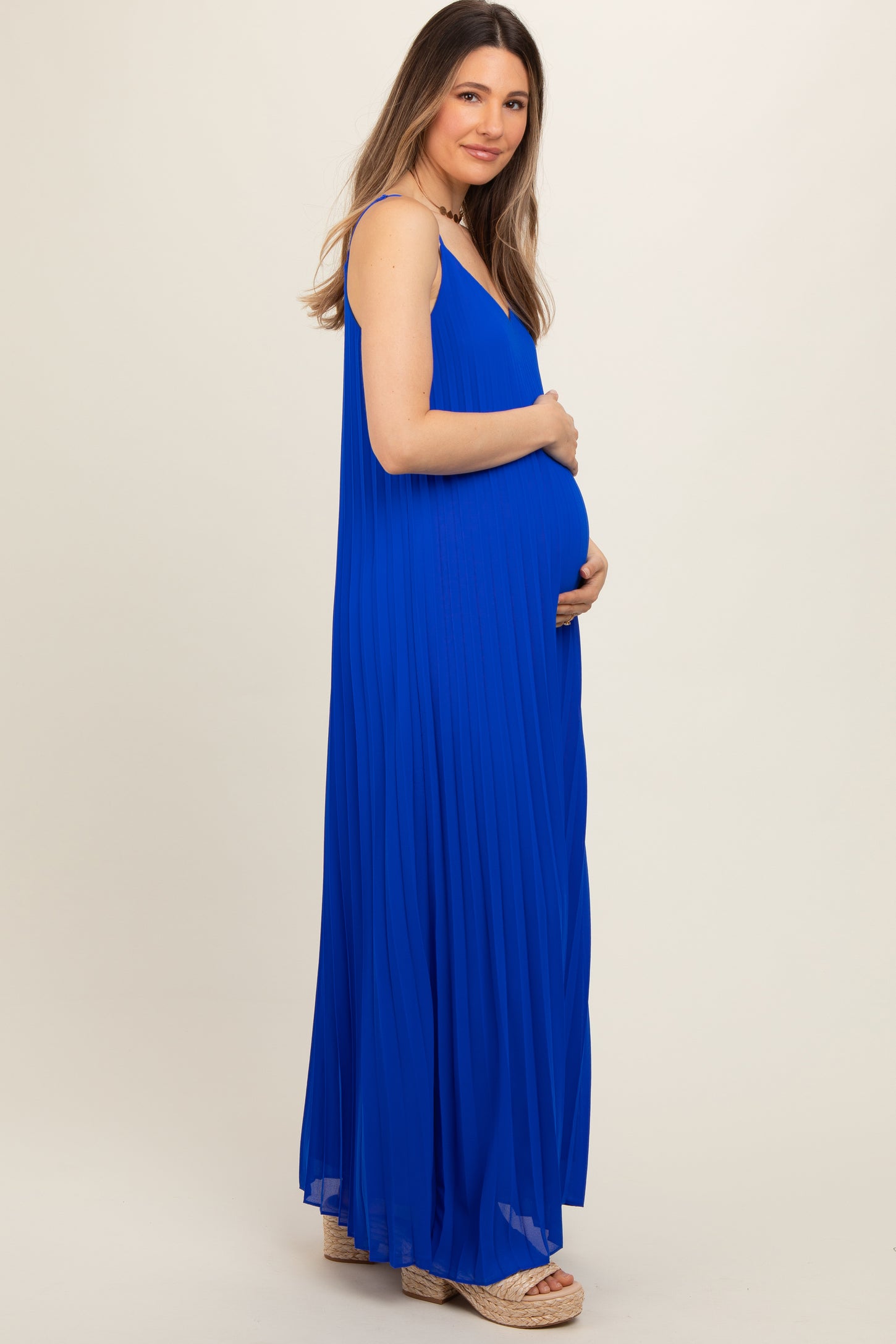 Royal Blue Pleated Sleeveless Maternity Maxi Dress – PinkBlush
