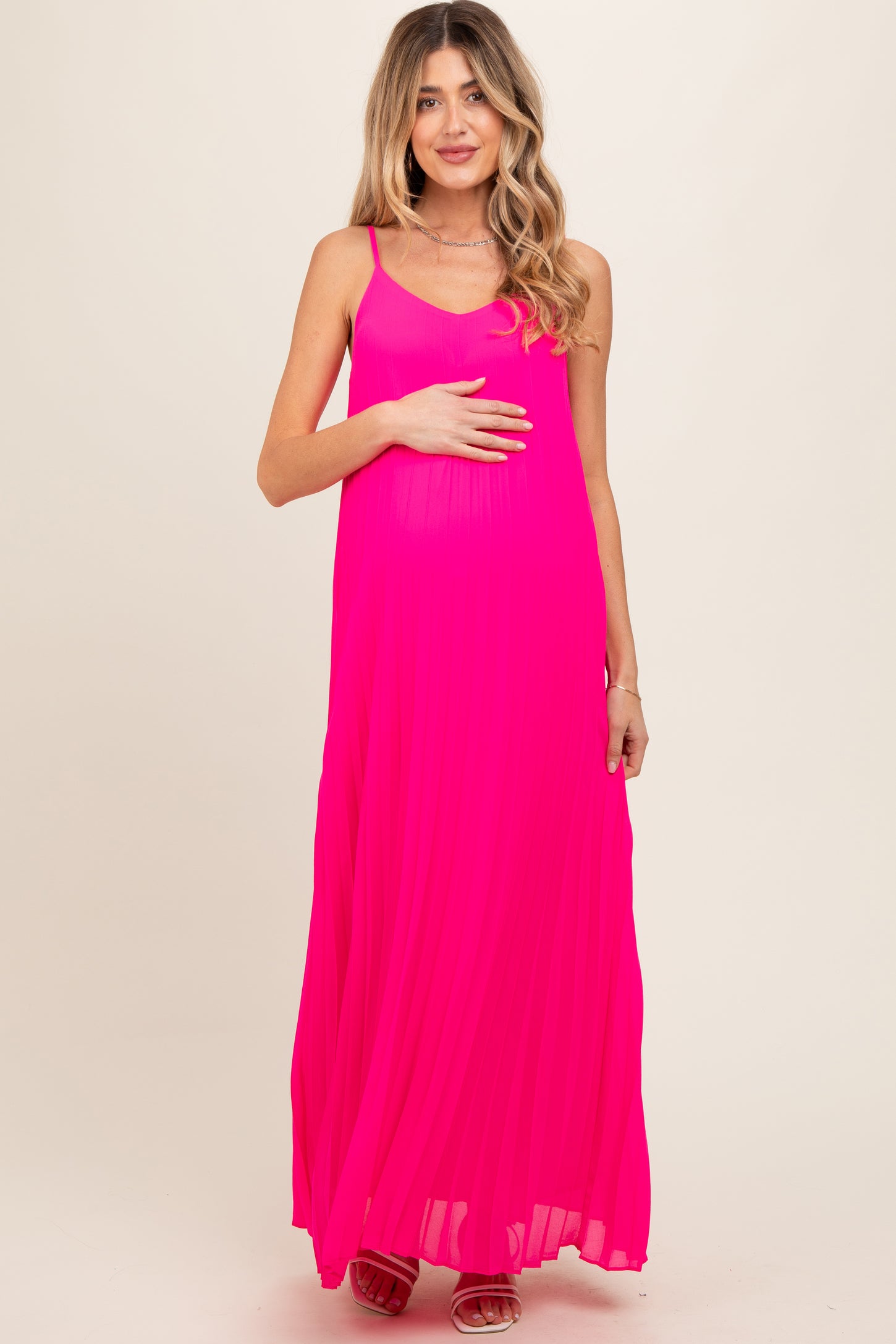Fuchsia Pleated Sleeveless Maternity Maxi Dress PinkBlush Fuchsia Pleated Sleeveless Maternity Maxi Dress PinkBlush