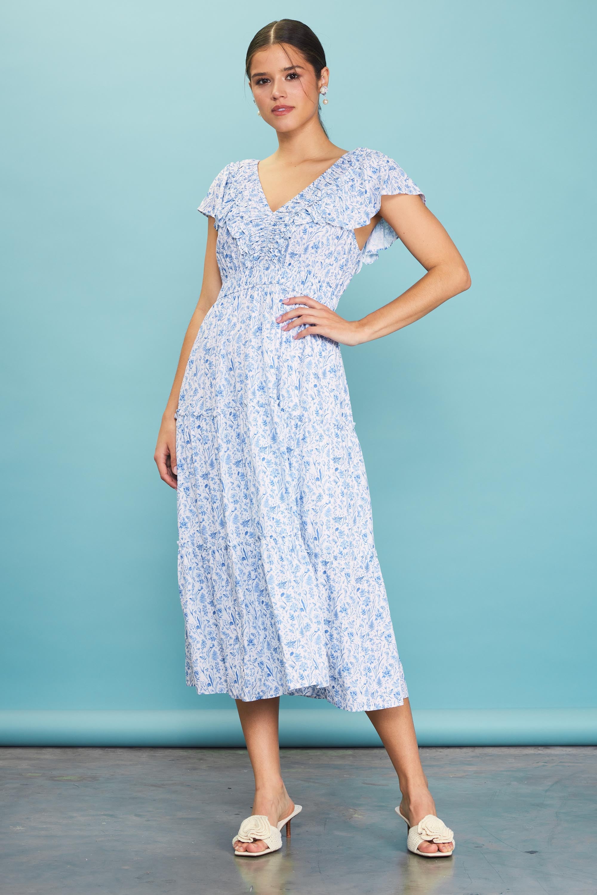 blue floral ruched midi dress Blue Floral Front Ruched Ruffle Shoulder Tiered Midi Dress