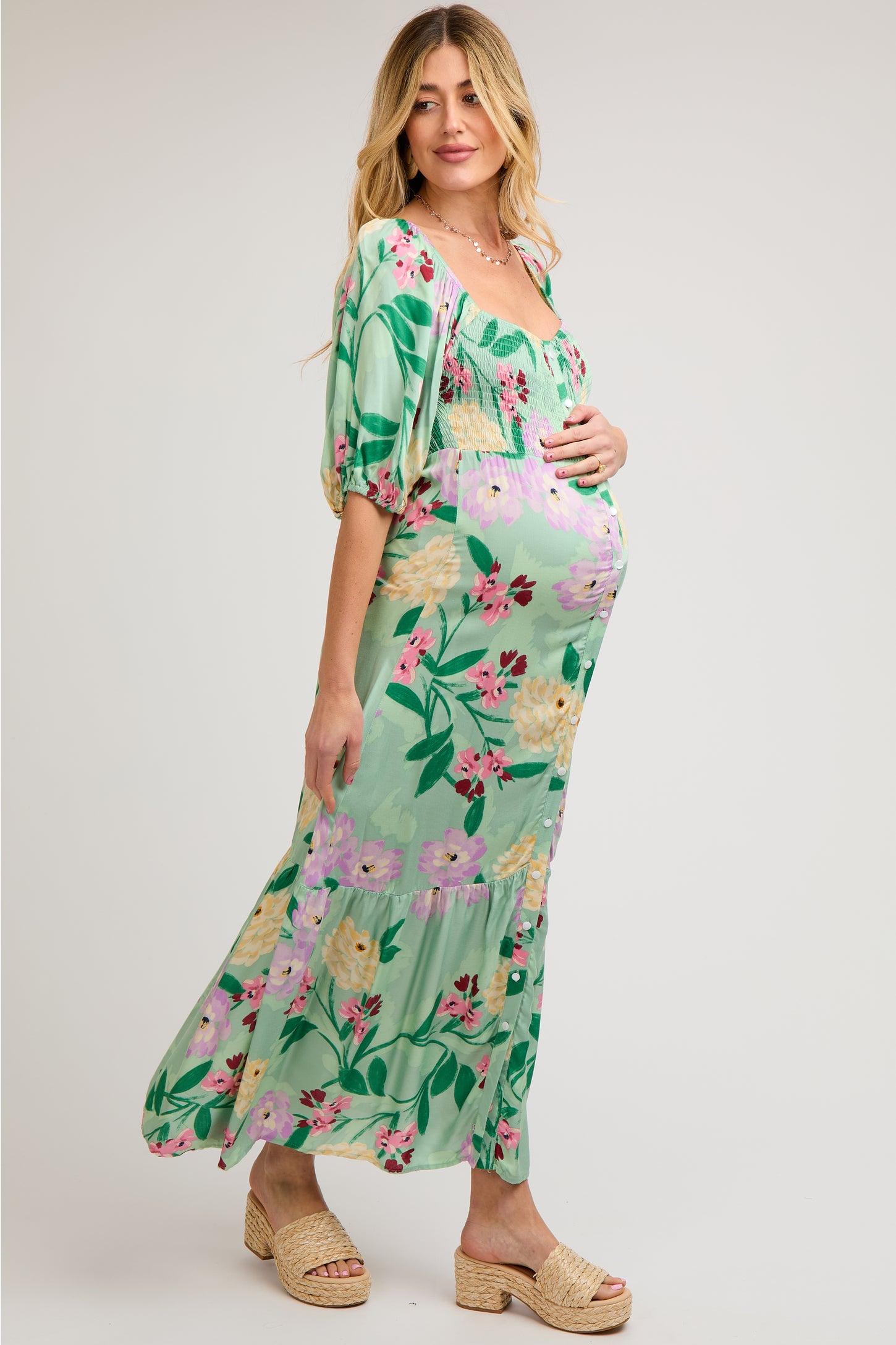 Light Green Floral Front Button Maternity Maxi Dress PinkBlush Light Green Floral Front Button Maternity Maxi Dress PinkBlush