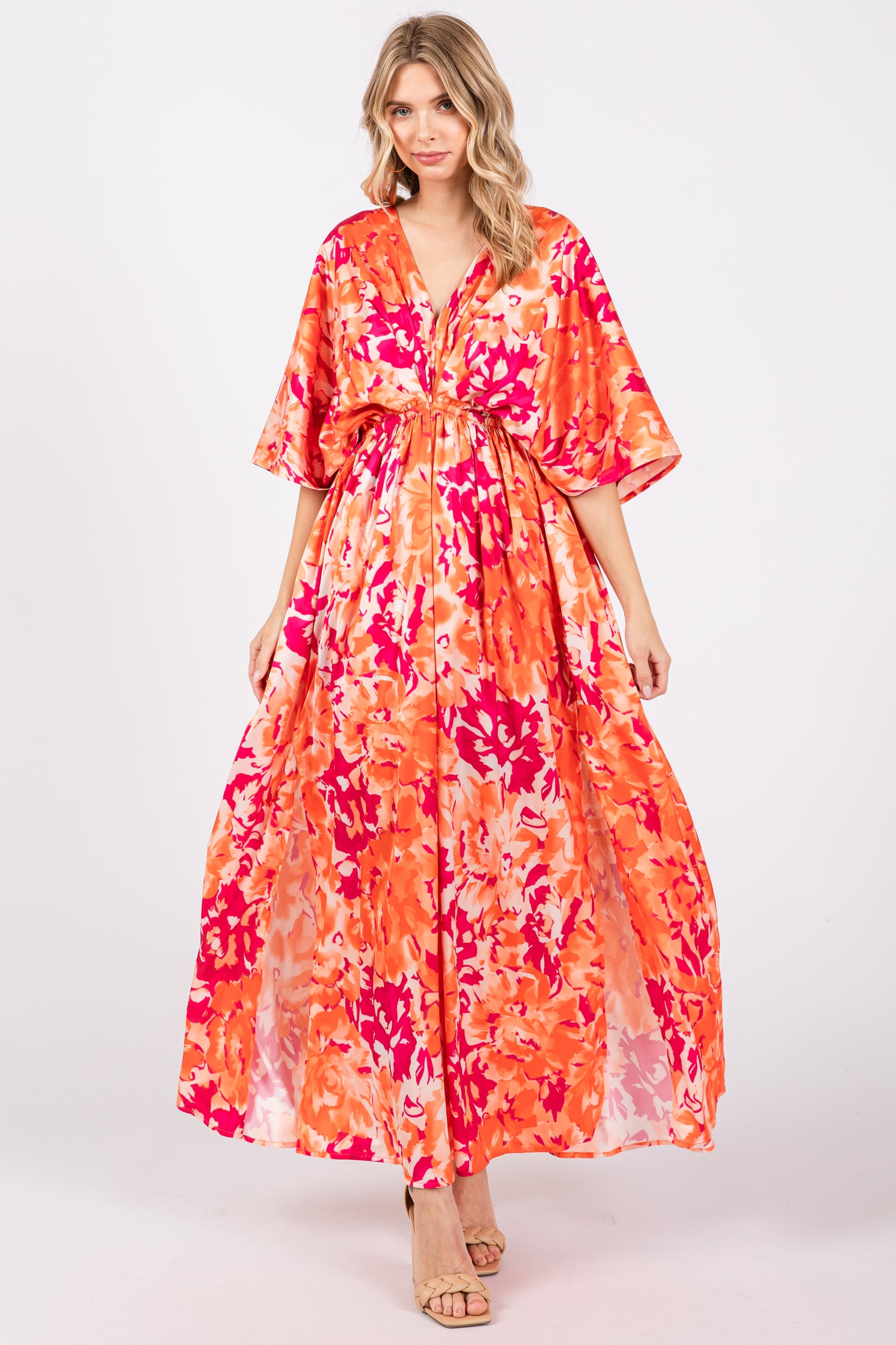 Orange Floral Satin V-Neck Maxi Dress