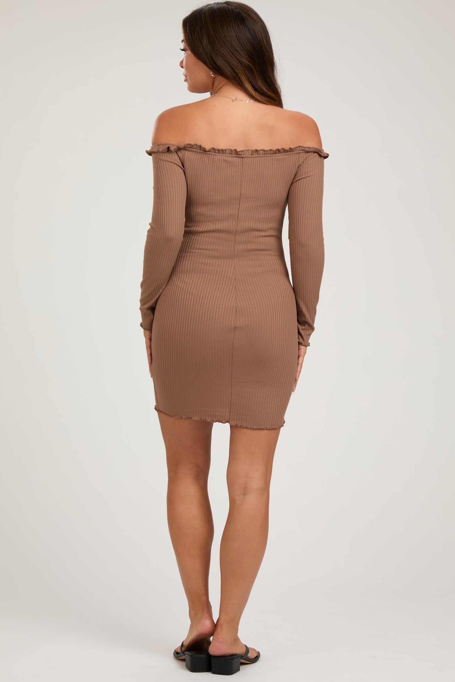 Brown Ruffle Off Shoulder Maternity Fitted Mini Dress PinkBlush Brown Ruffle Off Shoulder Maternity Fitted Mini Dress PinkBlush